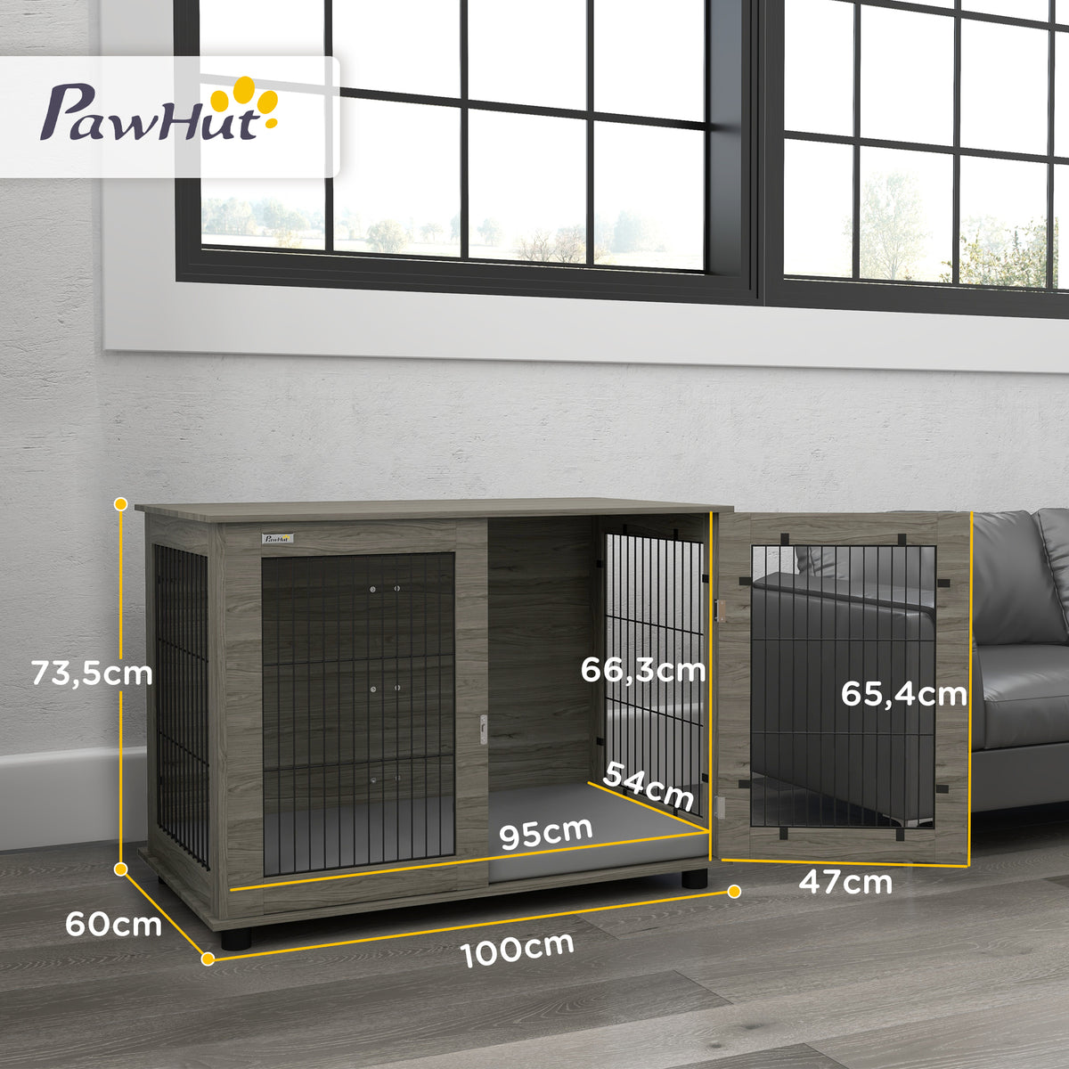 Cage pour chien 2 en 1 table d'appoint avec coussin en peluche déhoussable porte verrouillable 100 x 60 x 73,5 cm gris-2