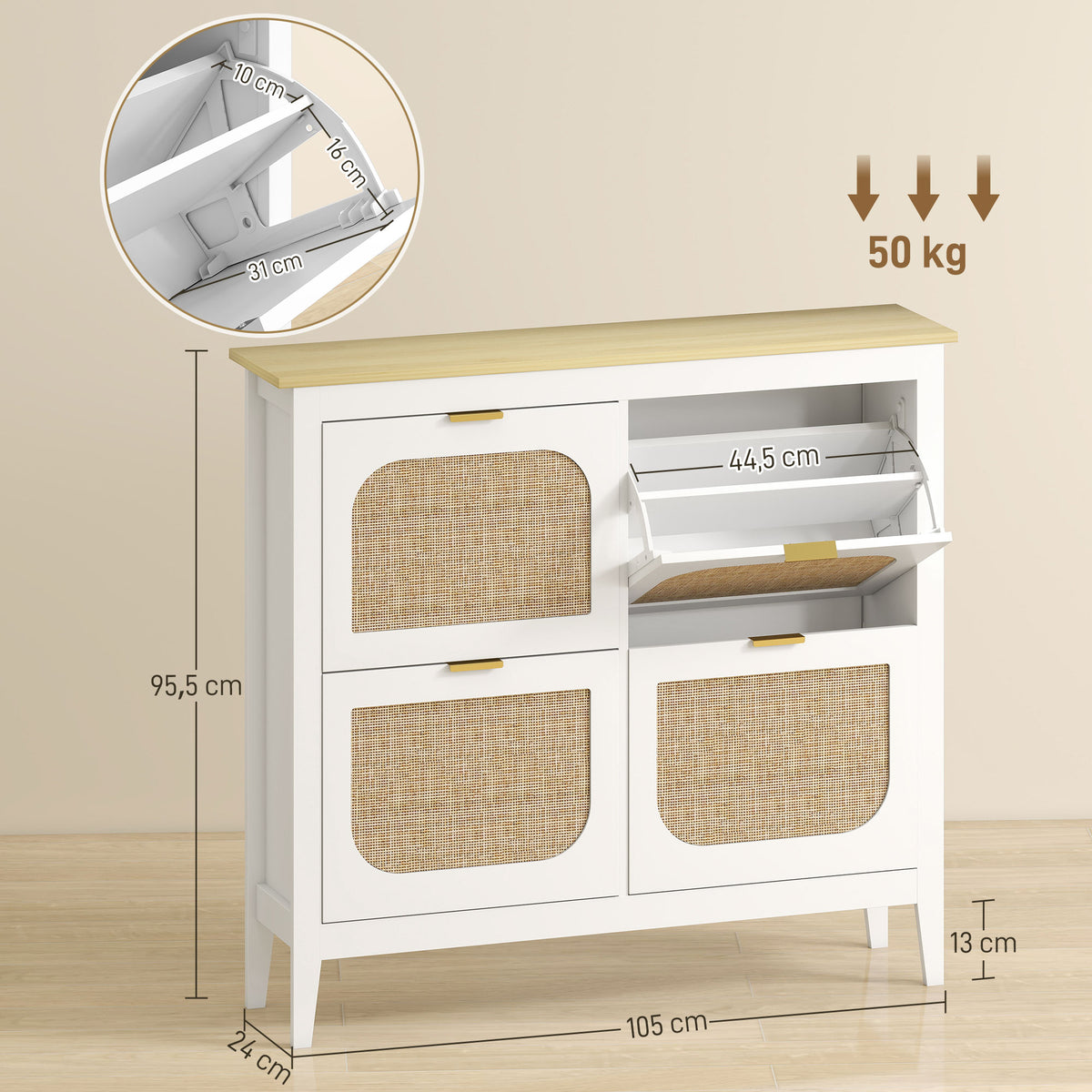 Meuble à chaussures 20 paires bohème avec 4 tiroirs rabattables, portes effet cannage rotin, 105 x 24 x 95,5 cm, blanc-2