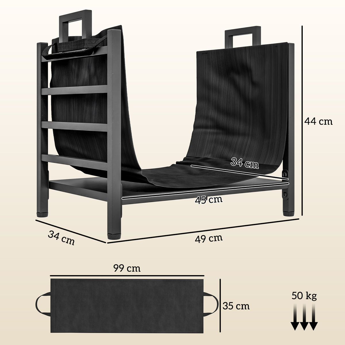 Porte-bûches, range-bûches, avec transporteur amovible, intérieure, 49l x 34P x 44H cm, métal, noir-2