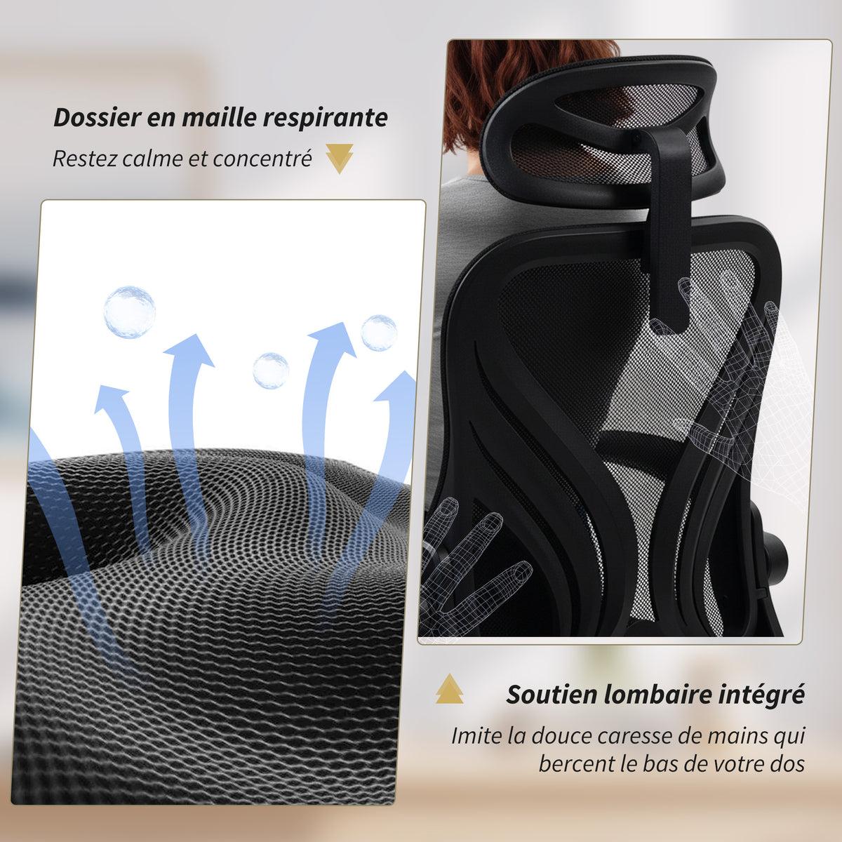 Chaise bureau, fauteuil de bureau en maille, dossier rabattable, appui-tête 2D, accoudoirs relevables, 73x62x136cm, noir-4