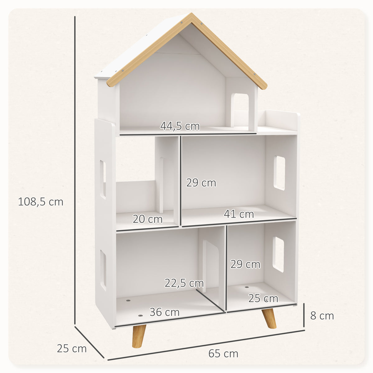 Étagère de rangement pour jouet enfant et livres forme de maison 3 niveaux  65 x 25 x 108,5 cm blanc et naturel-2
