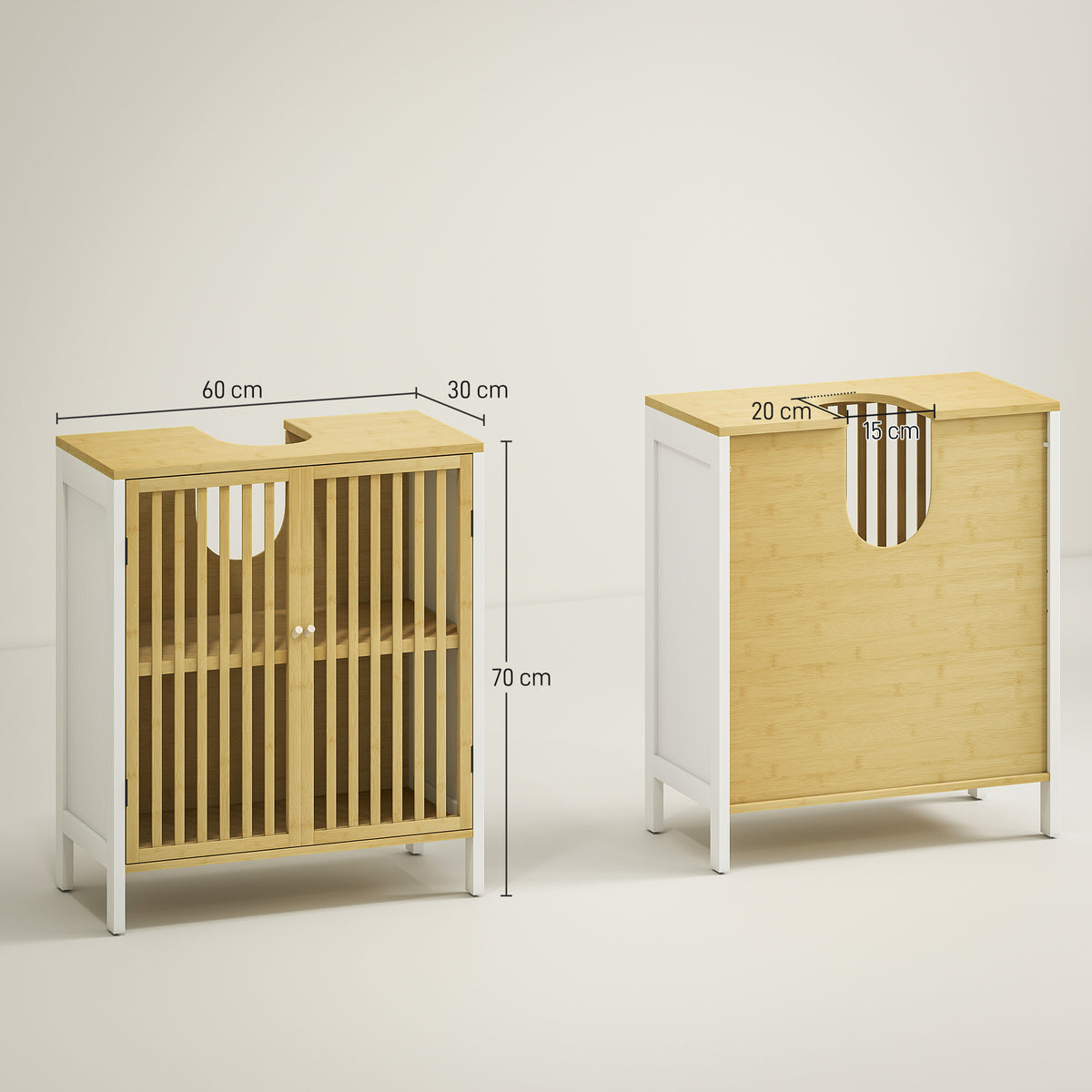 Meuble sous vasque 2 portes avec étagère réglable armoire de rangement pour lavabo 60 x 30 x 70 cm MDF et bambou-2