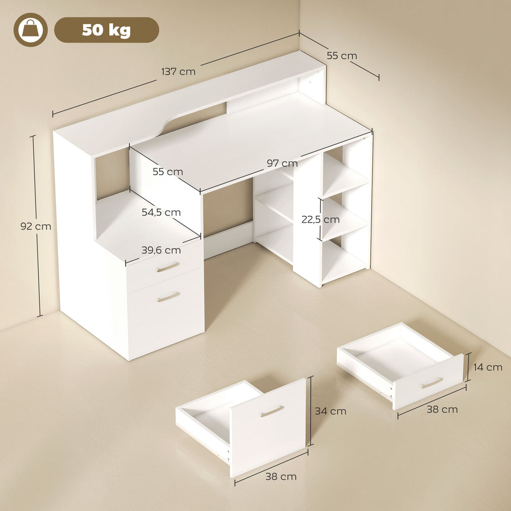 Bureau informatique, bureau avec rangement, 2 tiroirs, étagères ouvertes et tablette d'imprimante, 137x55x92cm, blanc-2