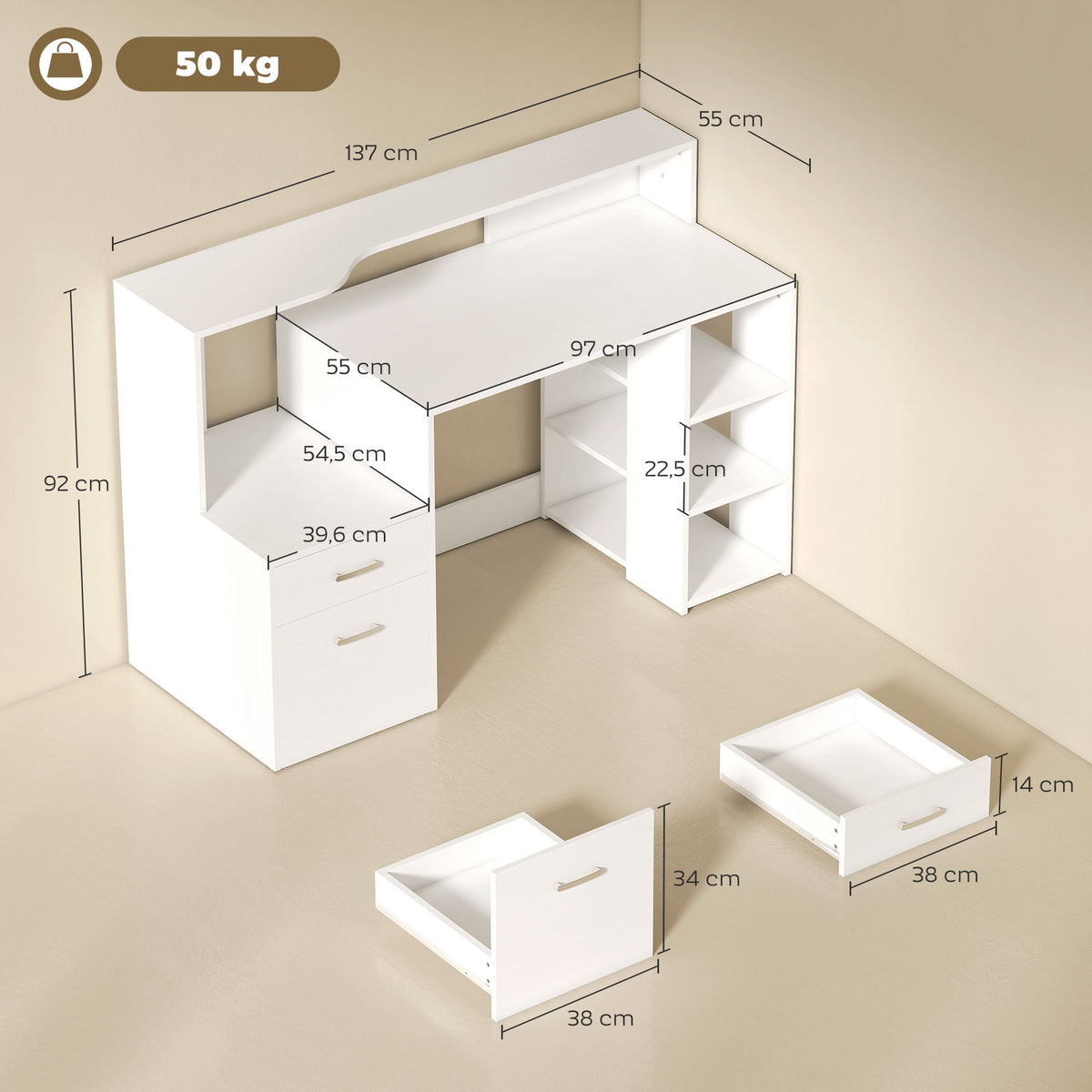 Bureau informatique, bureau avec rangement, 2 tiroirs, étagères ouvertes et tablette d'imprimante, 137x55x92cm, blanc-2