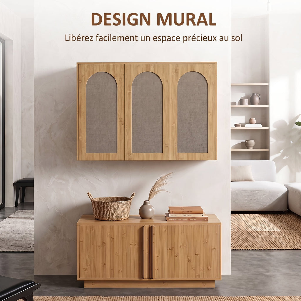 Armoire murale de salle de bain bohème avec 3 portes effet rotin à fermeture douce et étagère réglable, chêne-6