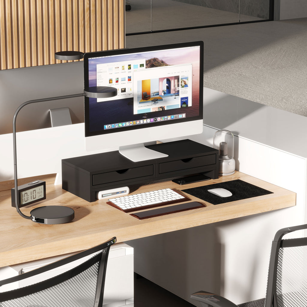 Rehausseur Écran PC Bureau, Support d'Écran d'Ordinateur de 60-116 cm avec 2 Tiroirs, Longueur et Angle Réglables Noir-8