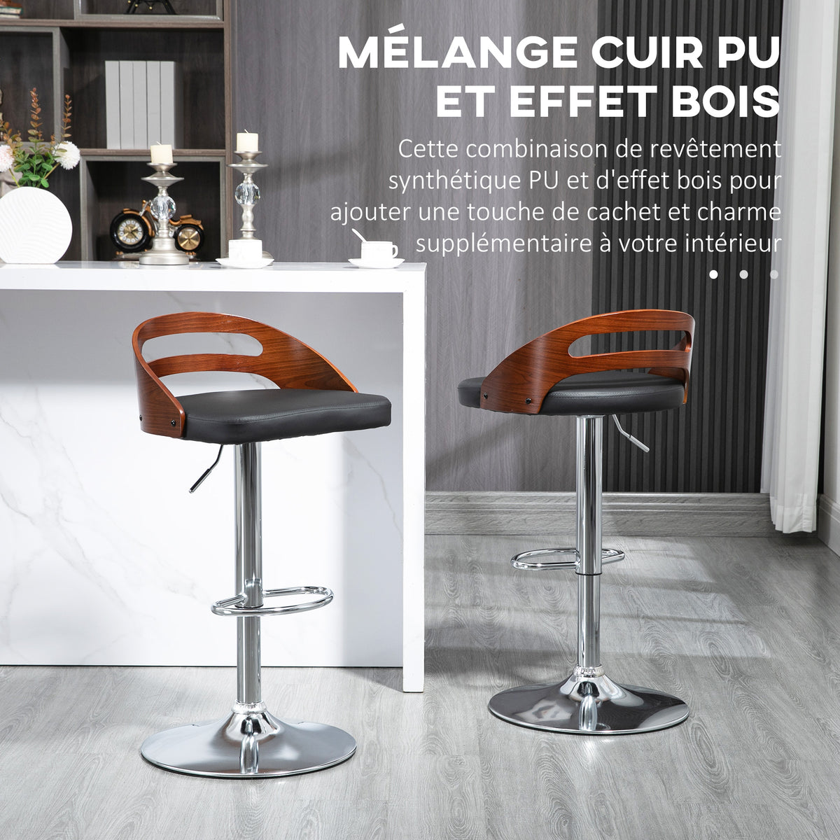 Lot de 2 tabourets de Bar Hauteur d'assise réglable pivotant 360° revêtement synthétique Noir Dossier ajouré-3