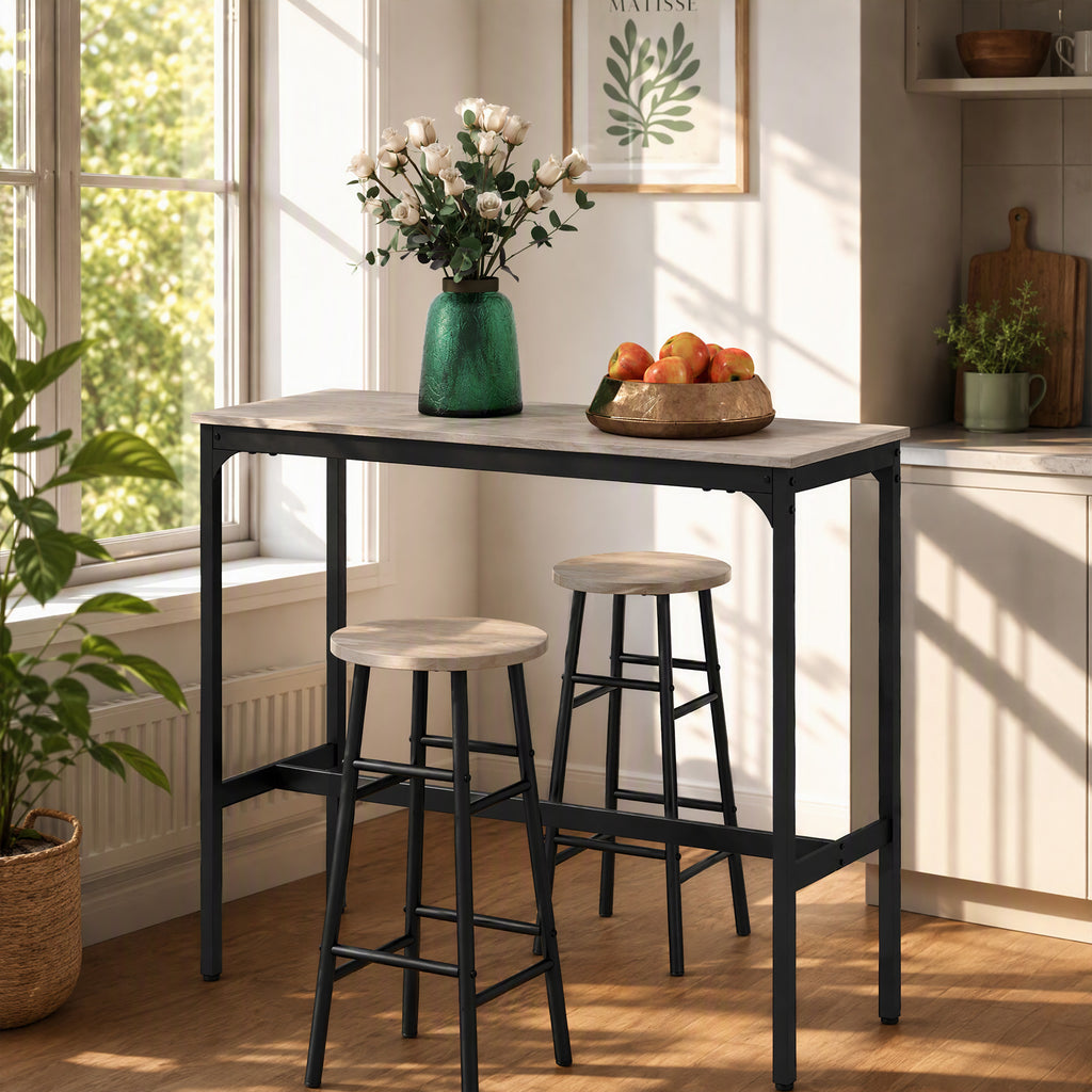 Ensemble table haute de bar + 2 tabourets structure en acier plateau aspect effet bois gris 2 personnes noir-7
