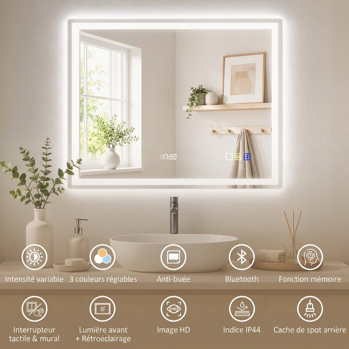 Miroir salle de bain LED bluetooth 90 x 70 cm interrupteur tactile lumière réglable 3 couleurs anti-buée mémoire argent-3