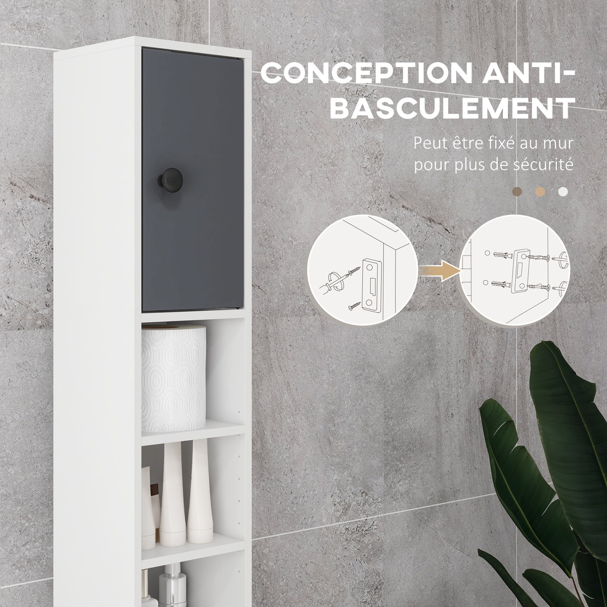 Colonne de rangement armoire haute pour salle de bain 1 tiroir 4 étagères réglables et 2 placards 20 x 20 x 180 cm gris-4