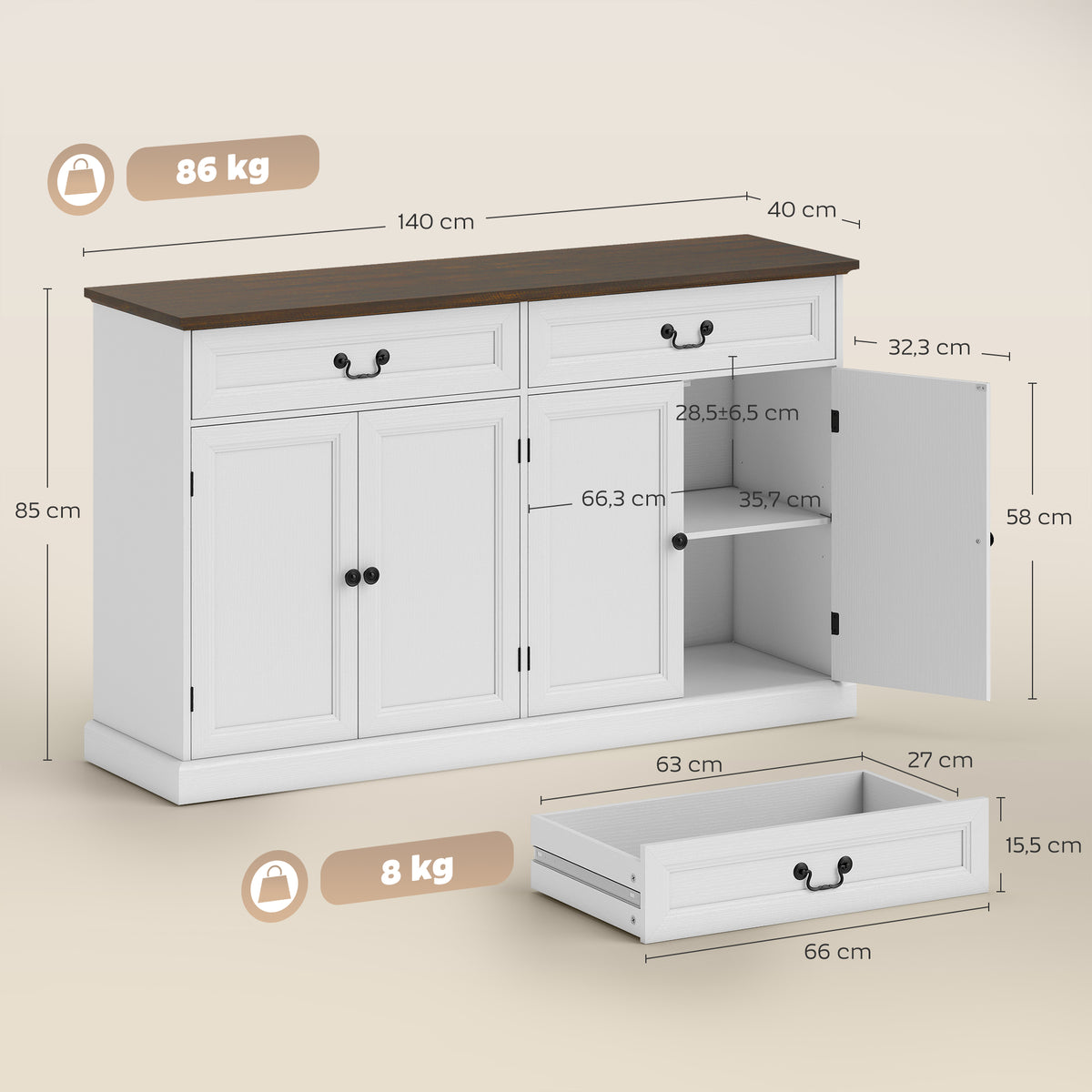 Buffet salon, meuble de rangement avec 4 portes, 2 tiroirs silencieux, étagères réglables, 140x40x85cm, blanc et marron-2