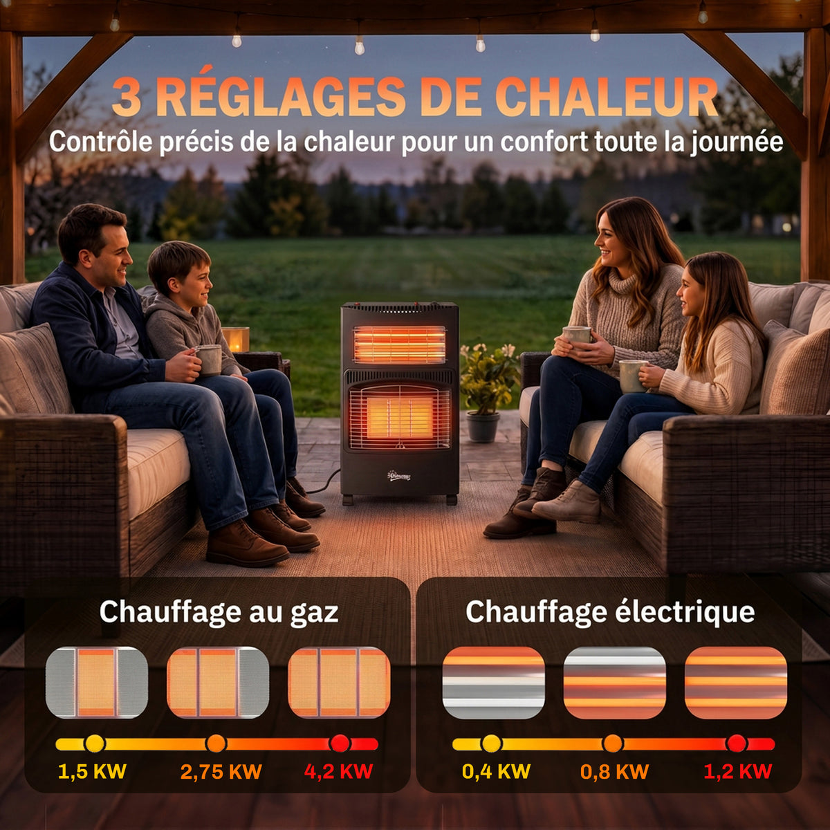 Chauffage d'Appoint Gaz et Électrique 4200W/1200W Infrarouge Pliable 3 Niveaux 2 Freins Sécurité ODS 45x42x75cm Noir-4