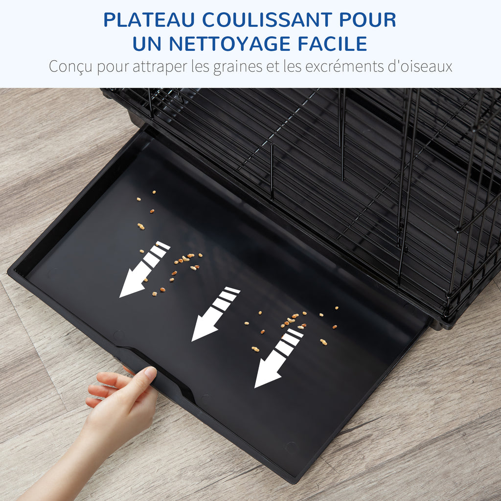 Cage à oiseaux en métal avec mangeoires perchoirs plateau amovible poignée dim. 40L x 40l x 59H cm noir-4