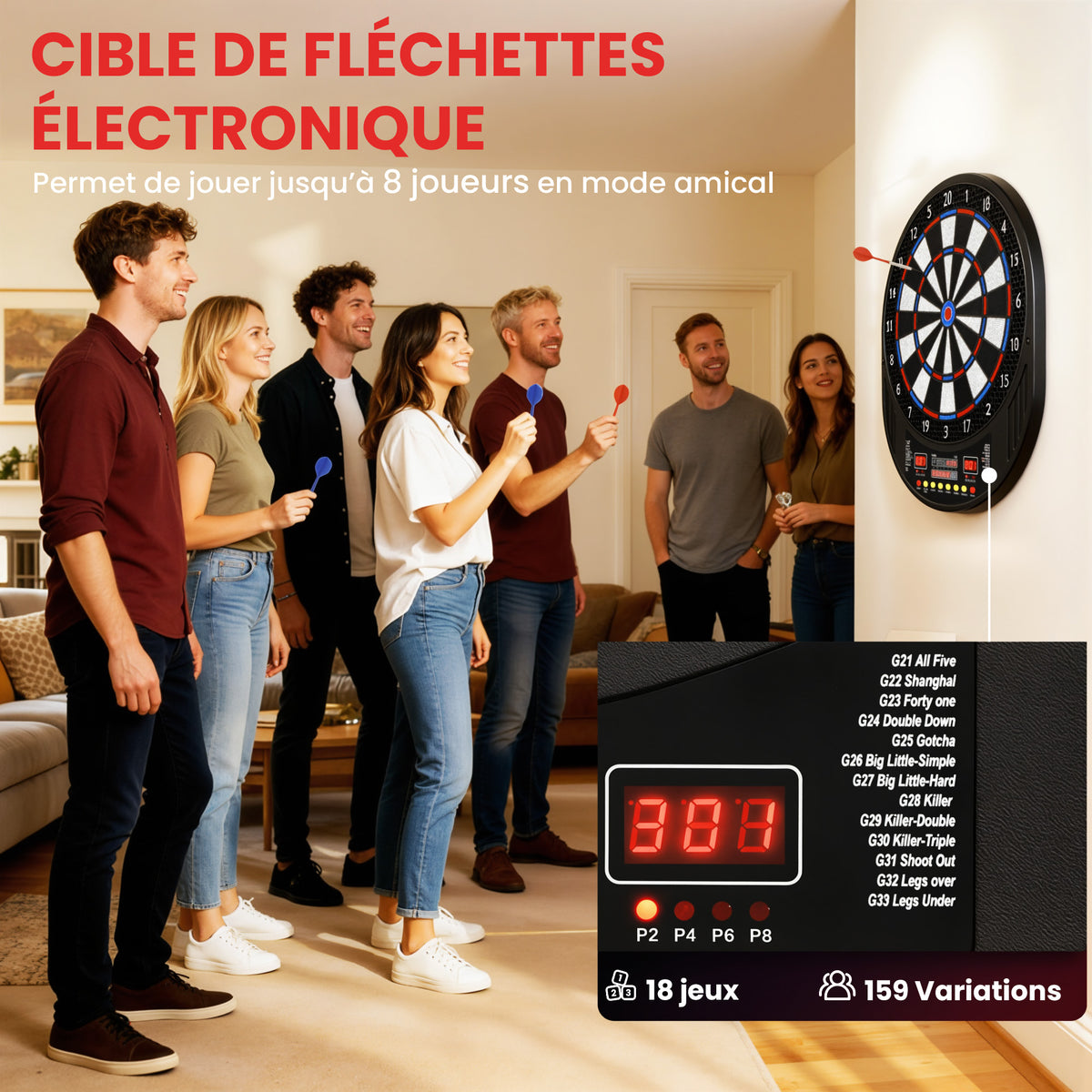 Jeu de fléchettes électronique avec embouts souples, doubles écrans LED, 33 jeux, 202 variations, jusqu'à 8 joueurs-3