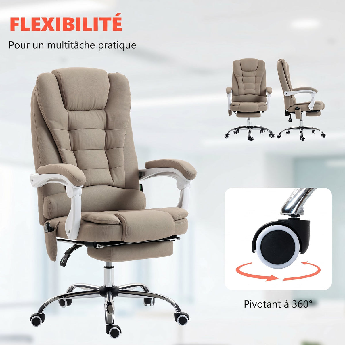 Fauteuil de bureau direction massant chauffant hauteur réglable dossier inclinable toile de lin beige-6