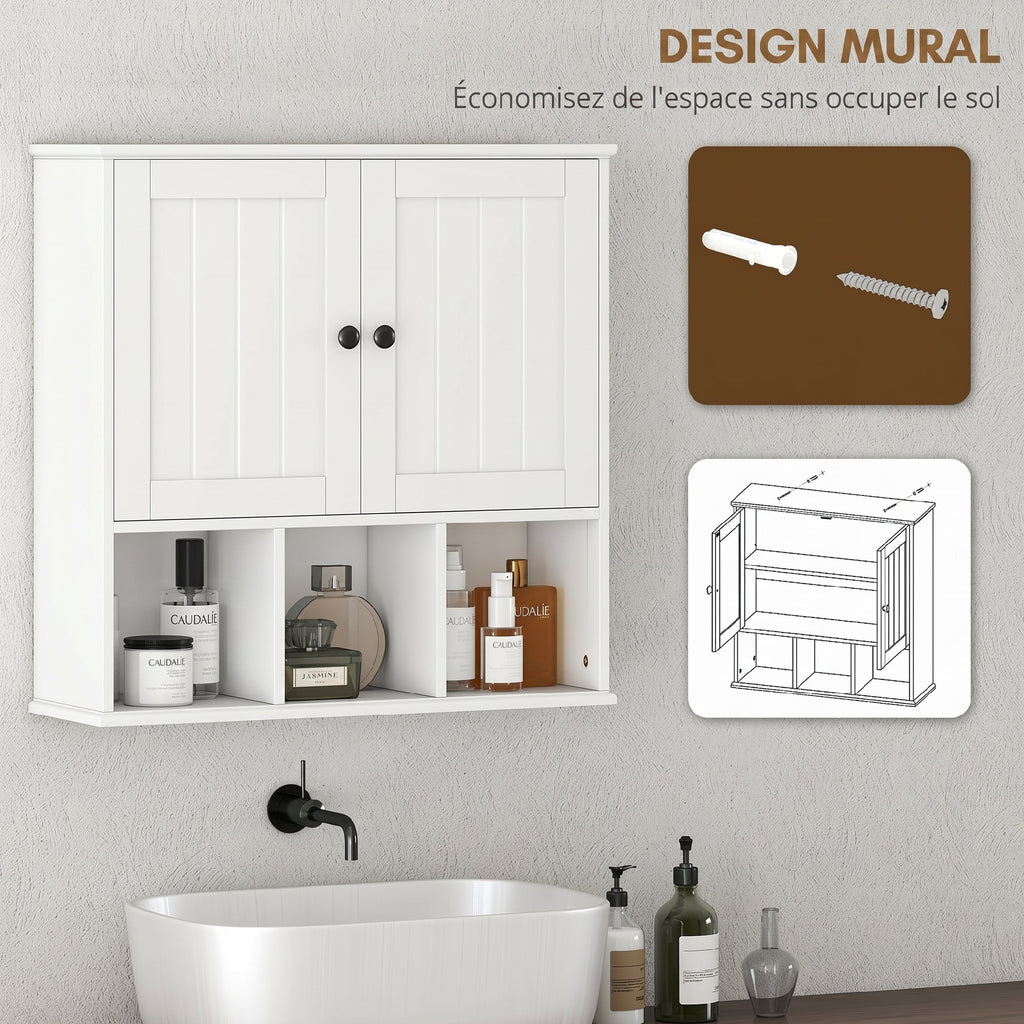 Armoire murale de salle de bain, meuble de rangement avec 2 portes, étagère réglable et compartiments ouverts, blanc-3