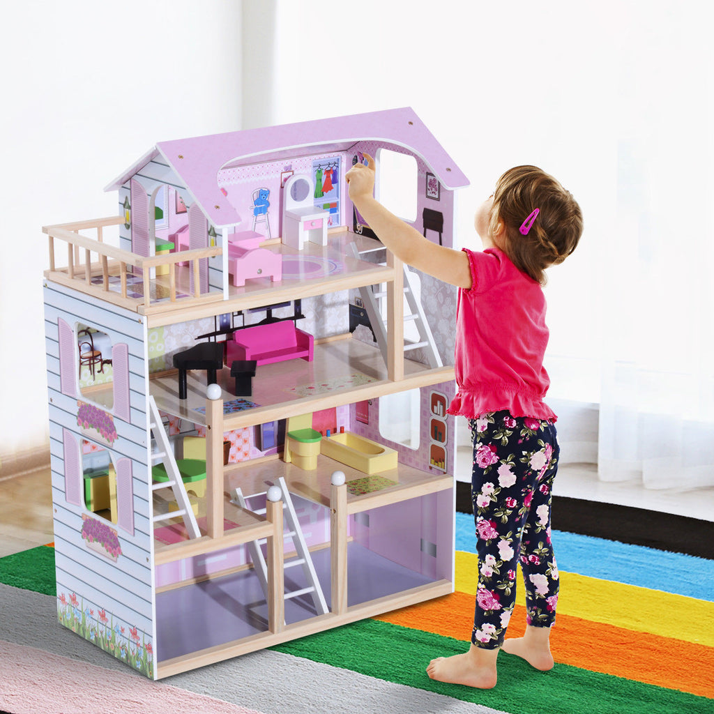 Maison de poupée en Bois Jeu d'imitation 4 Étages pour 3+ ans avec 13 Accessoires Grand réalisme Multi-équipement 60L x 30l x 80H cm Blanc et Rose-1