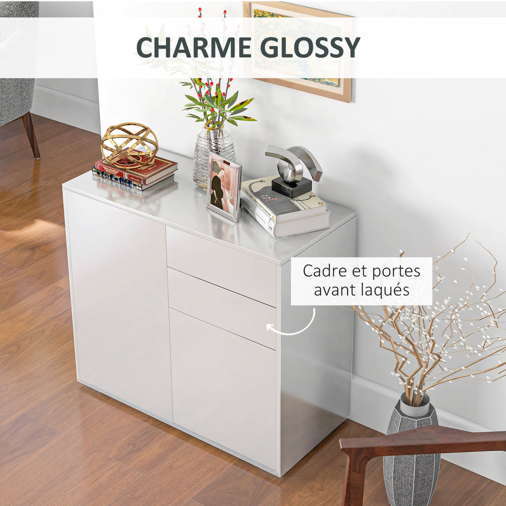 Commode Buffet Meuble de Rangement 2 tiroirs 2 Portes avec étagère 79 x 36 x 74 cm Blanc brillant-4