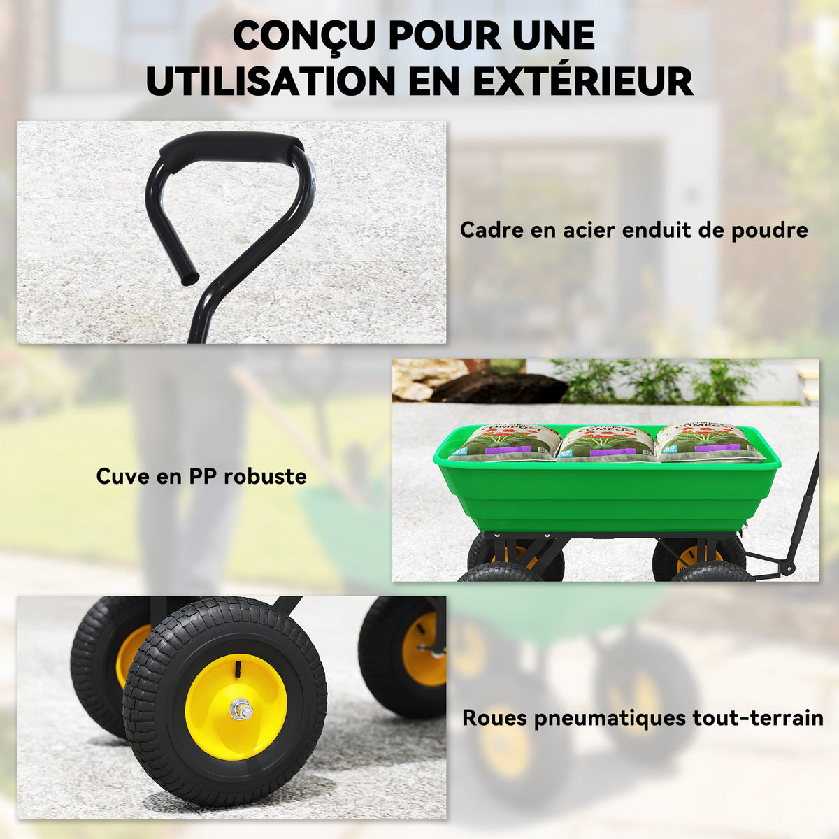Chariot de Jardin à Main Benne basculante 75° 75L Charge Max. 200 Kg 4 Roues pneumatiques Acier PP Jaune Vert-4