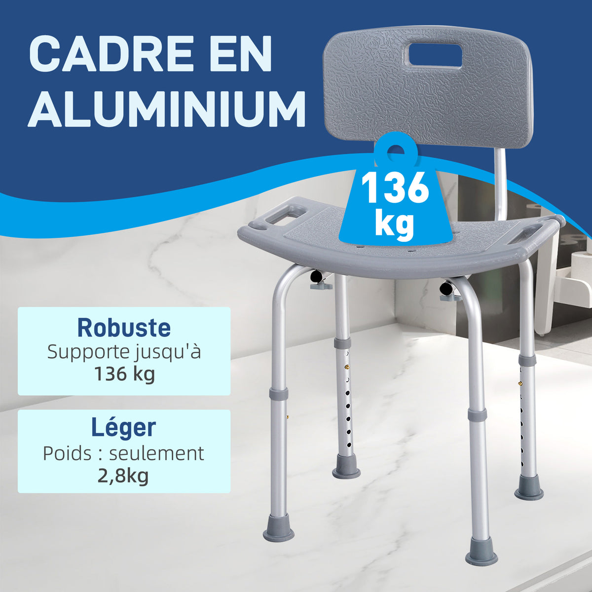 Chaise de Douche siège de Douche Ergonomique Hauteur réglable Pieds antidérapants Charge Max. 136 Kg alu HDPE-3