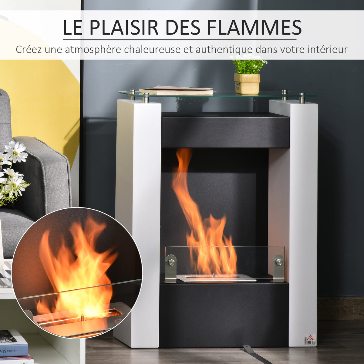 Cheminée bioéthanol brûleur 0,9 L avec plateau de rangement en verre trempé 60 x 20 x 79 cm Acier Noir et Blanc-4