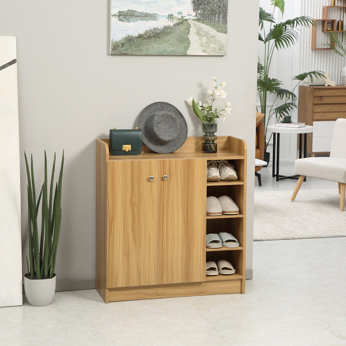 Meuble de rangement à chaussures pour entrée avec 4 compartiments ouverts et placard double porte - étagère réglable-1