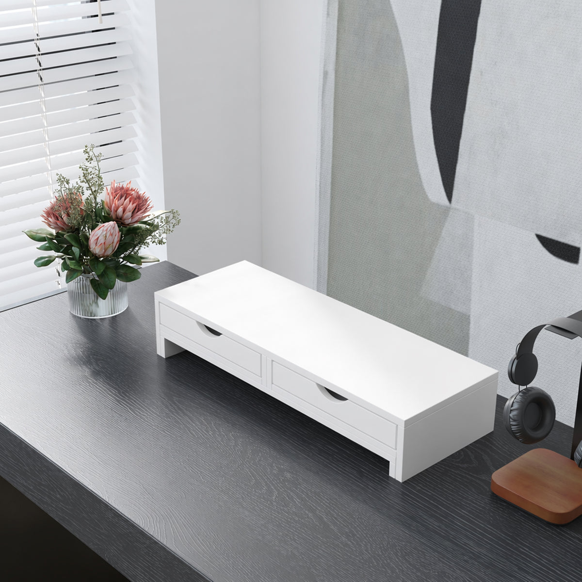 Rehausseur écran PC bureau support d'écran d'ordinateur de 60-116 cm avec 2 tiroirs, longueur et angle réglables-1