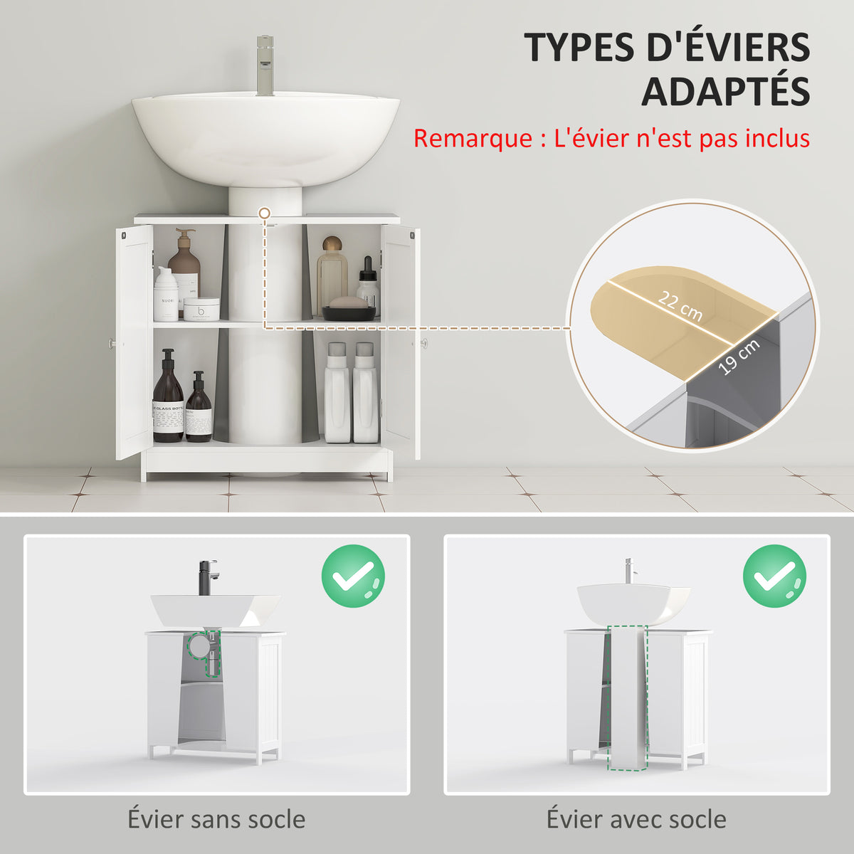 Meuble sous lavabo, meuble de salle de bain placard à 2 portes, étagère réglable, anti-humidité, 60 x 30 x 60 cm, blanc-3