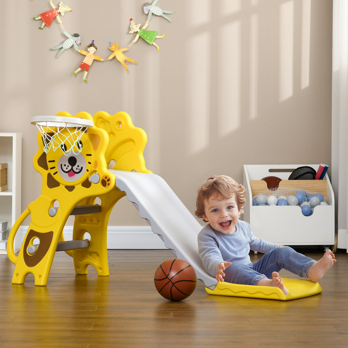 Toboggan pour enfants intérieur extérieur avec panier de basket pour les enfants de 18 à 36 mois, jaune, gris-1