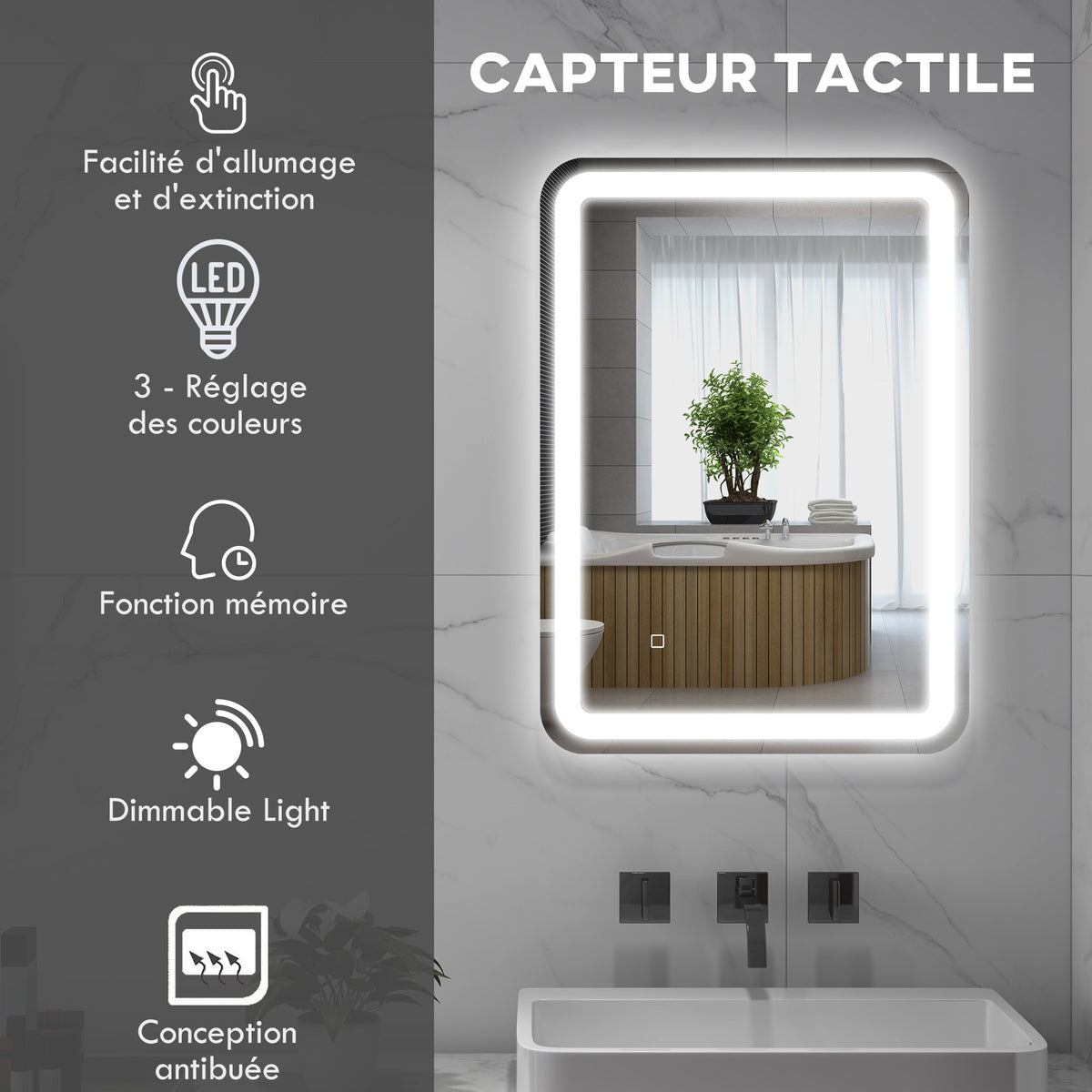Miroir de salle de bain rectangulaire LED fonction anti-buée luminosité réglable fonction mémoire 70 x 50 cm argent-4