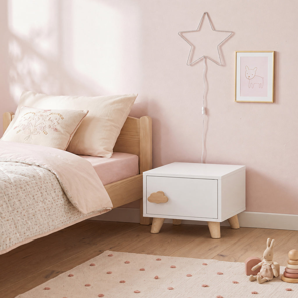 Table de Chevet Enfant avec Tiroir, Poignée en Forme de Nuage, pour Chambre d'Enfant, 34 x 31 x 25 cm, Blanc-1