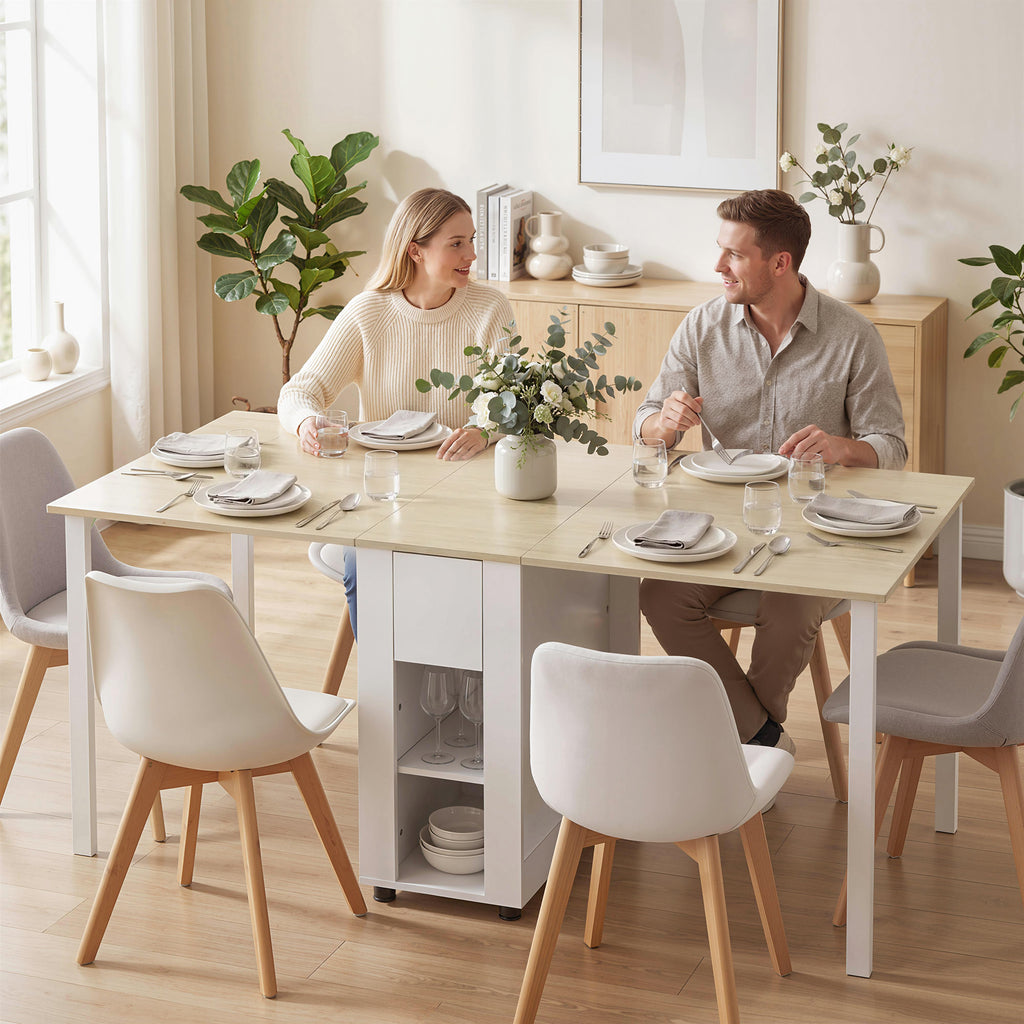Table à manger pliante pour 6 personnes 39-168 cm, table de cuisine avec 2 tiroirs et 4 étagères ouvertes, blanc-9