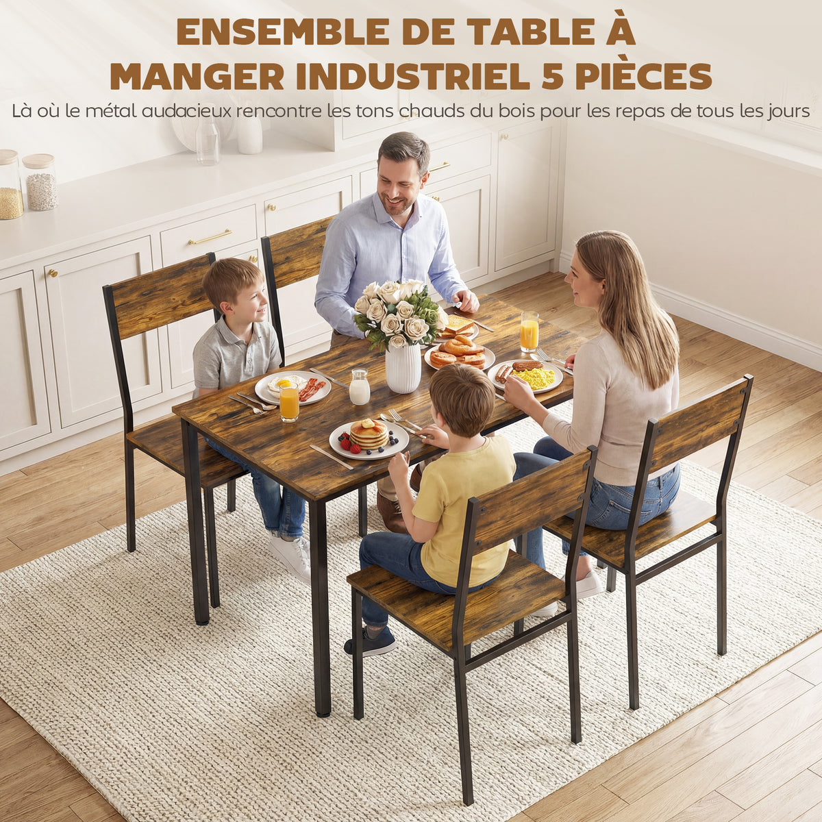 Ensemble table salle à manger avec 4 chaises, table de cuisine avec chaises 4 personnes, pieds en métal, brun rustique-3