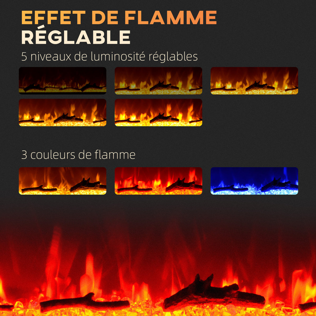 Cheminée électrique 1800 W avec effet flamme en LED 3 couleurs et 5 luminosités, montage mural/encastrable-3