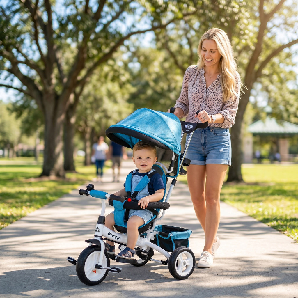 Tricycle 6 en 1 pour enfants, auvent, ceinture de sécurité 5 points, rangement, repose-pieds, frein, 1-5 ans, bleu-1