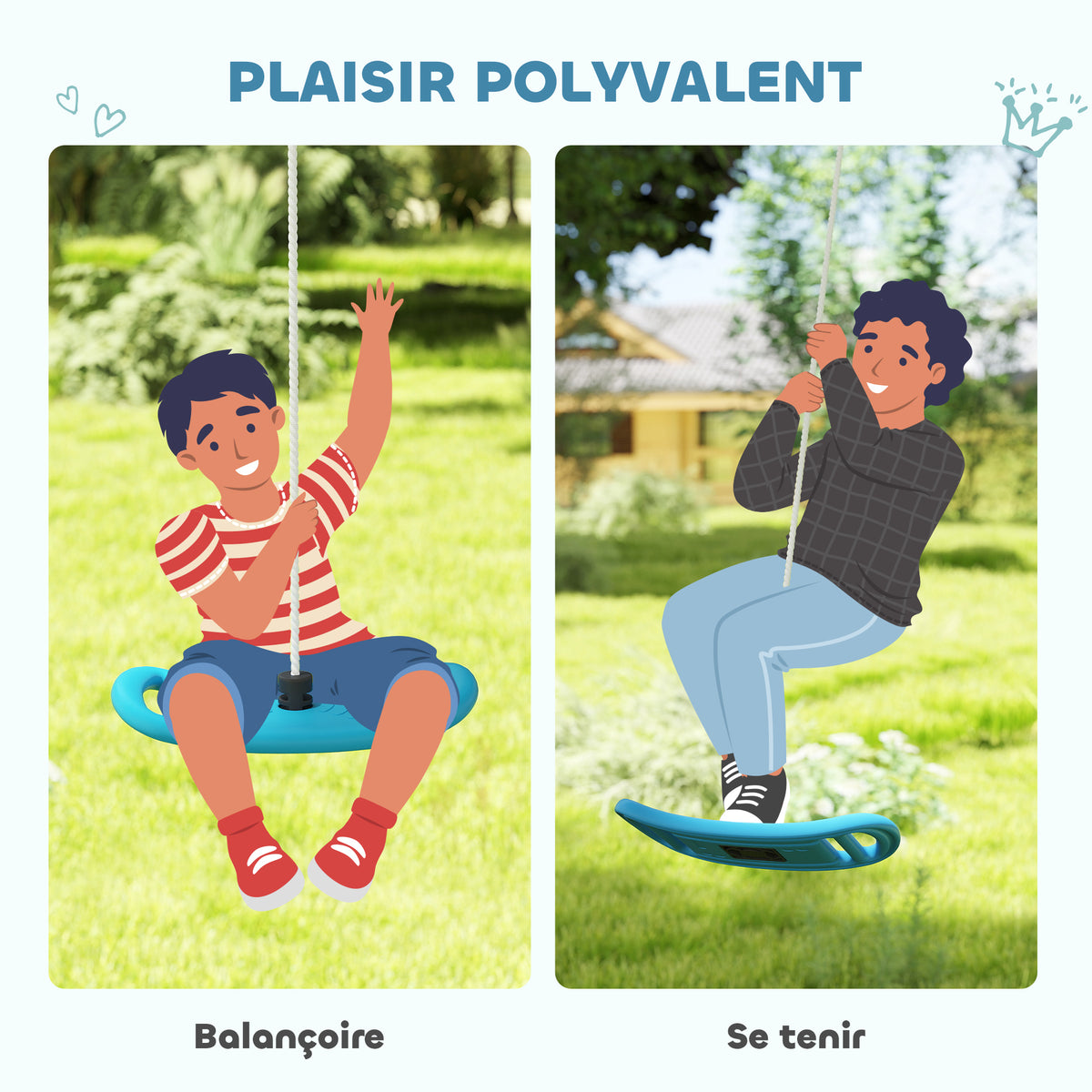 Balançoire enfant extérieur et intérieur avec corde réglable, mousqueton, charge max. 70 kg, bleu-3