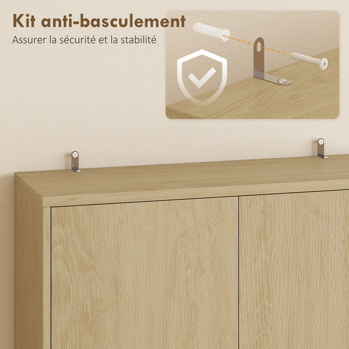Meuble micro-ondes, buffet, 2 tiroirs, 2 portes, plan de travail, étagère réglable, panneau perforé, 4 crochets, naturel-6