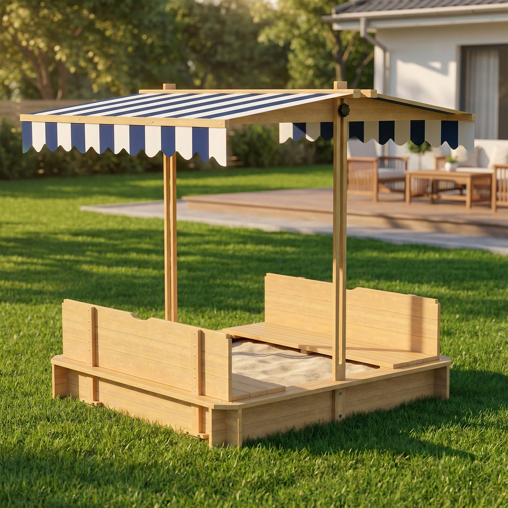 Bac à sable carré en bois pour enfants dim. 106L x 106l cm avec bancs et couvercle - auvent réglable-7