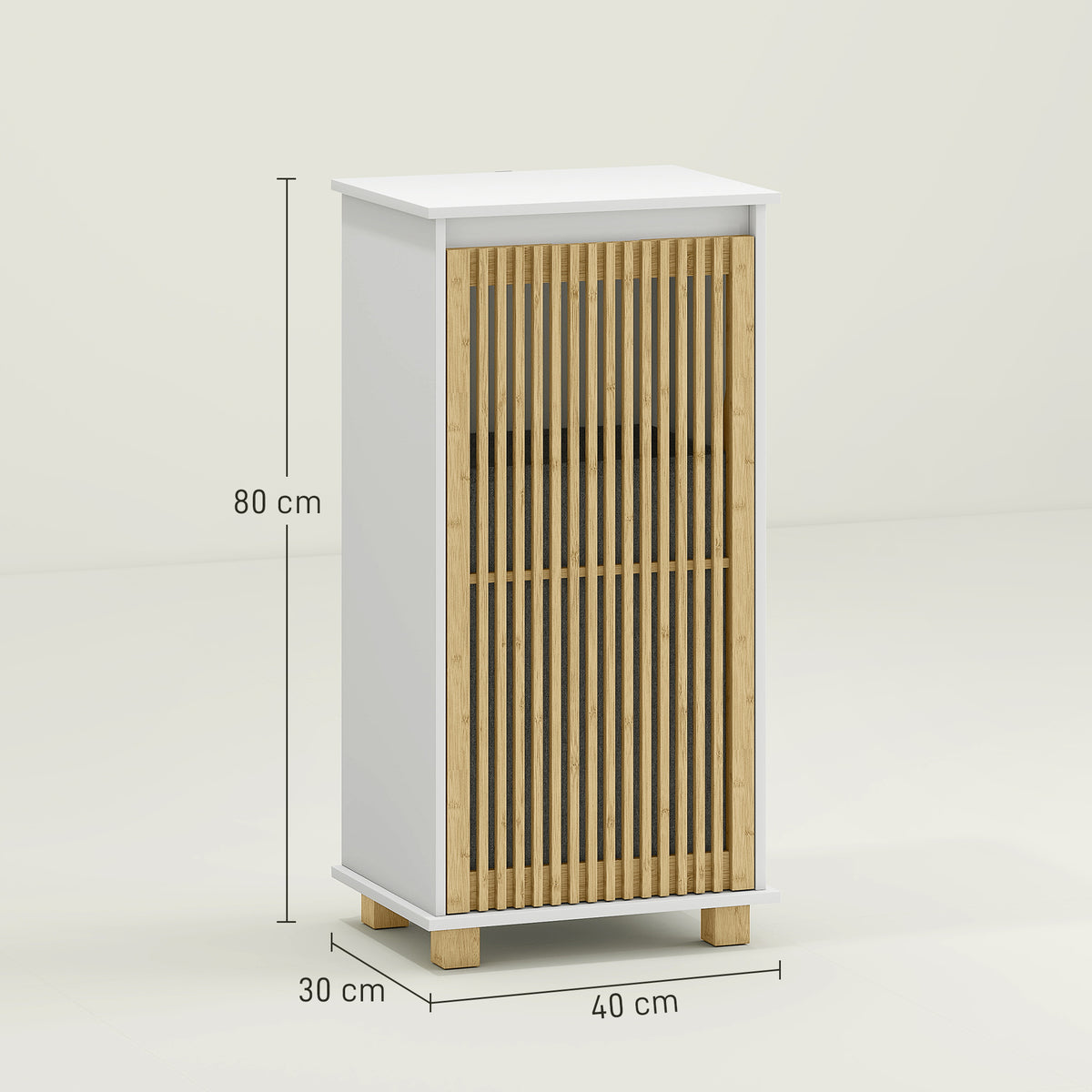 Meuble salle de bain avec panier à linge, porte à lattes en bambou et sac amovible, blanc et effet bois naturel-2