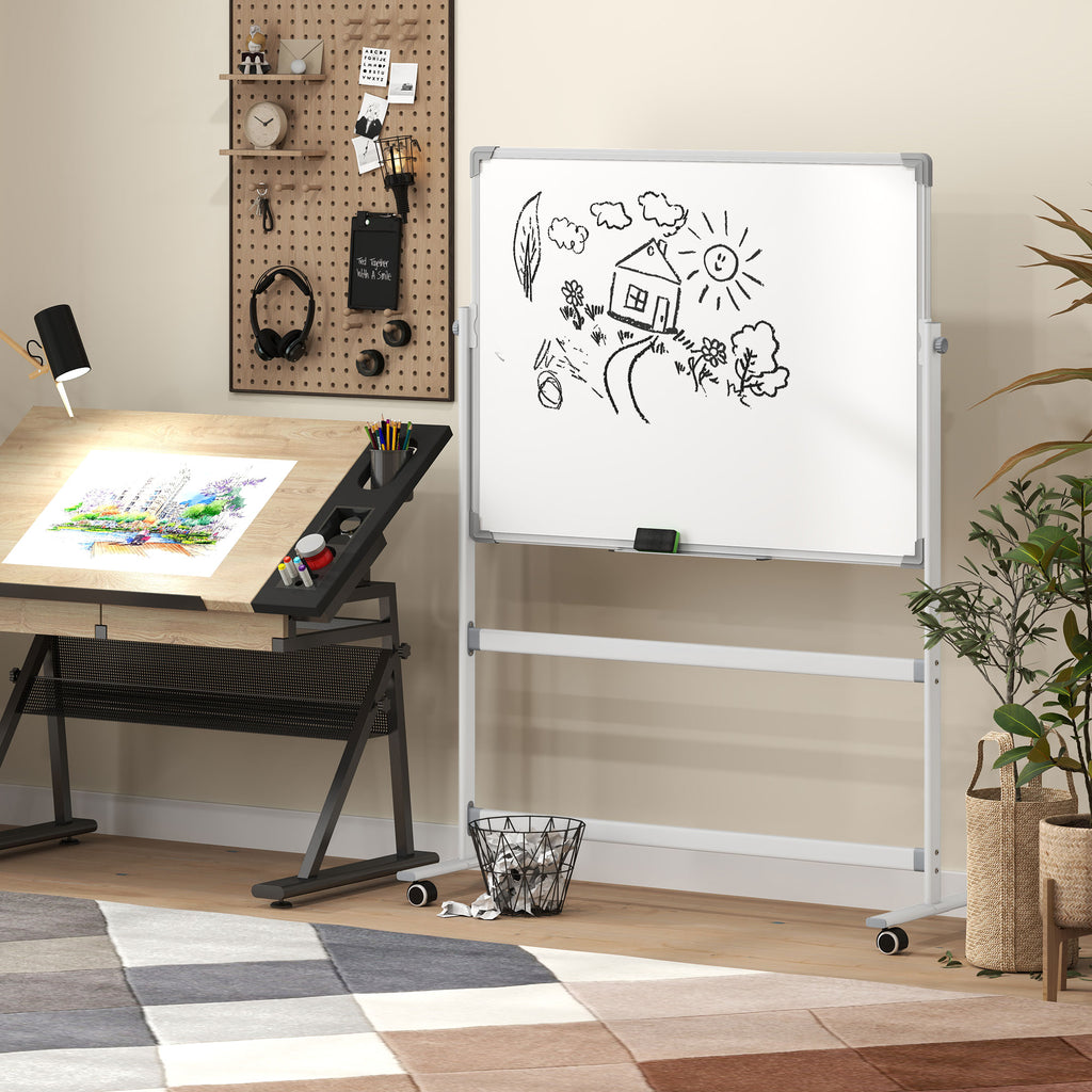 Tableau blanc magnétique double face effacable rotatif mobile avec support, aimants, marqueurs, gomme et roulettes-8