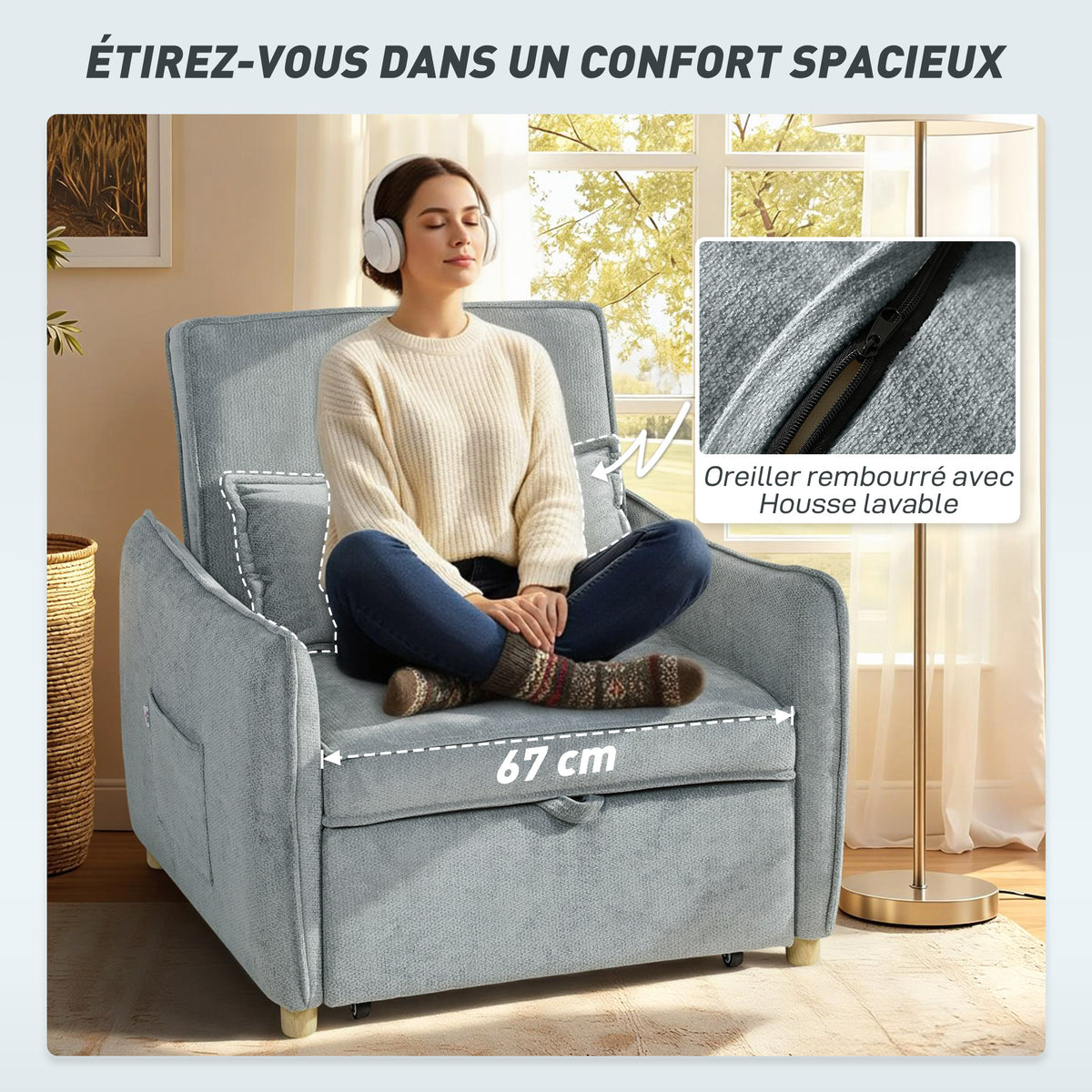Fauteuil convertible 1 place 3 en 1, fauteuil-lit clic-clac en chenille, assise large dossier réglable, 88x84x87cm, gris-6