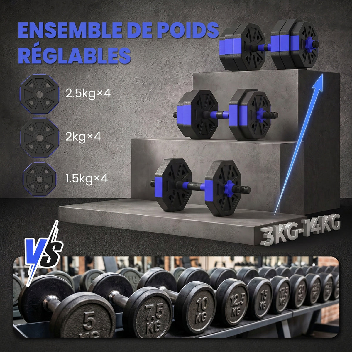 Ensemble d'haltères musculation 6-en-1 haltère réglable 25 kg kettlebell, barre de musculation support pour pompes bleu-4