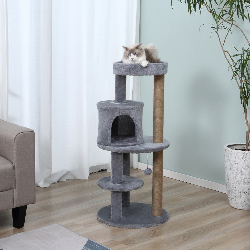Arbre à chats multi-équipements griffoirs grattoirs plateformes niche jeu boule suspendue Ø 48 x 104H cm gris-1