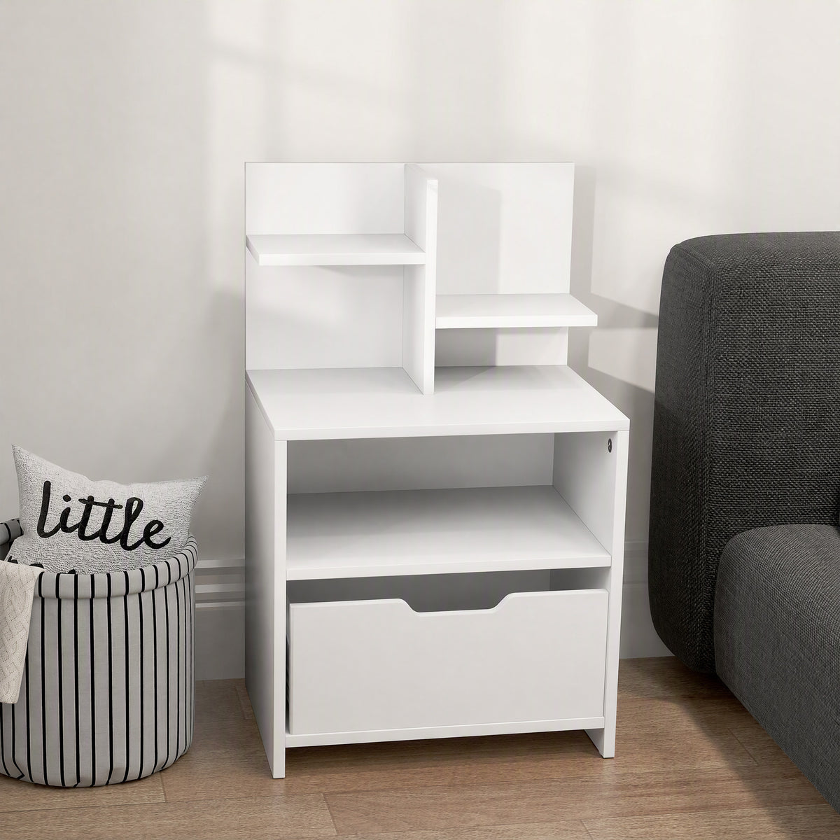 Table de chevet table de nuit avec tiroir, niche et étagères de rangement effet bois 45 x 35 x 73 cm blanc-1