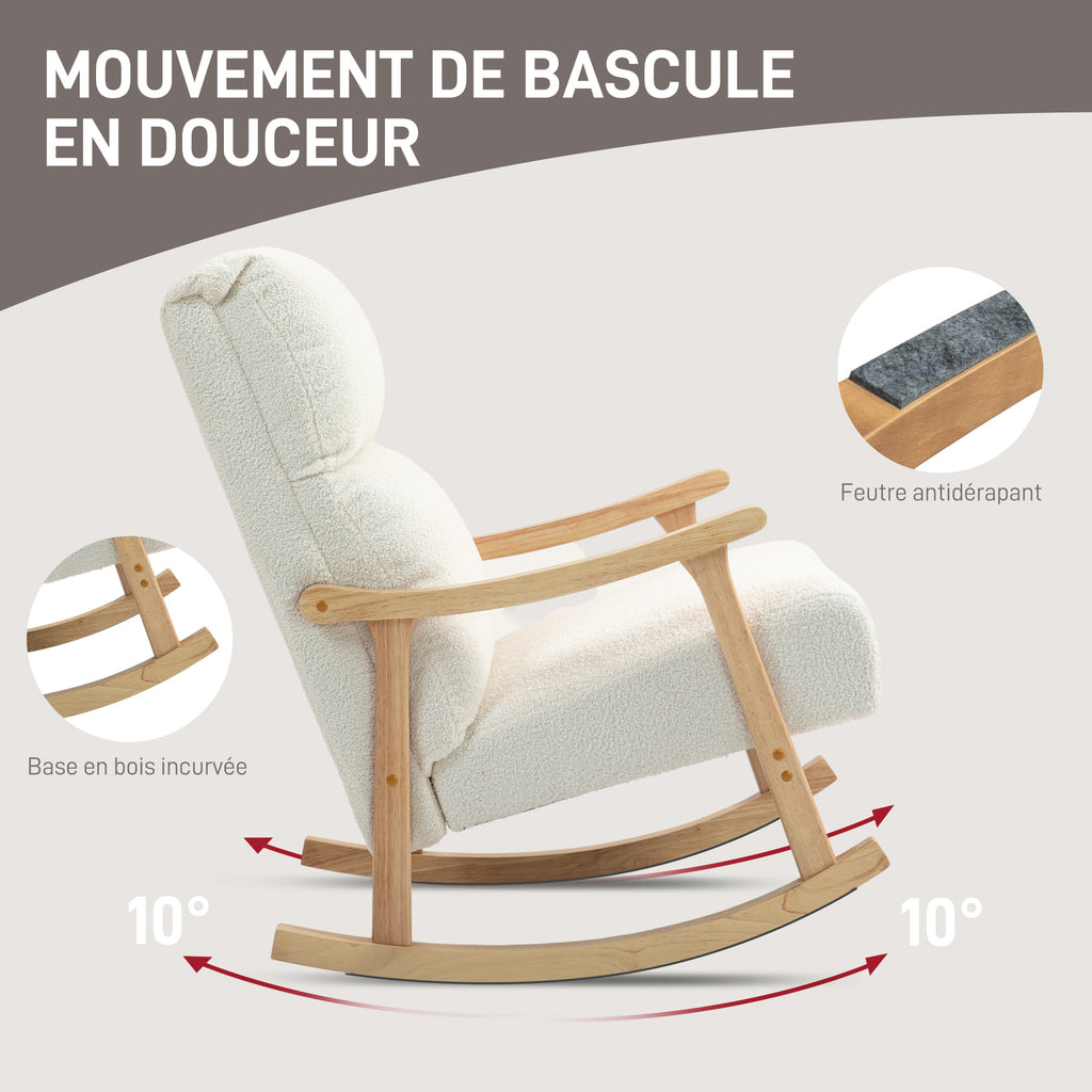 Fauteuil à bascule, rocking chair en velours teddy avec assise rembourré, dossier ergonomique, 65 x 90 x 98 cm, crème-3