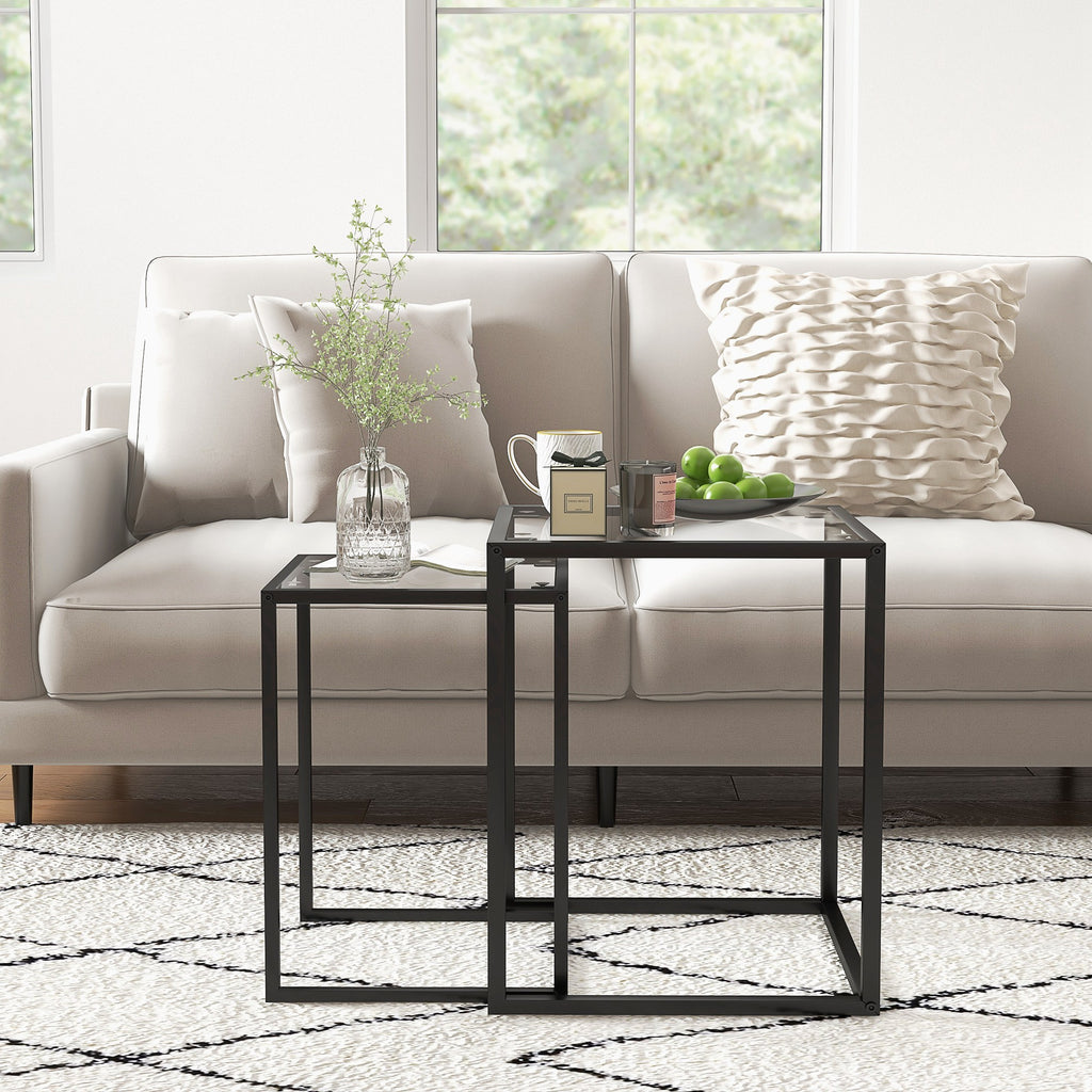 Lot de 2 tables basse gigogne, tables d'appoint empilable, plateau verre trempé cadre acier, patins antidérapants, noir-9