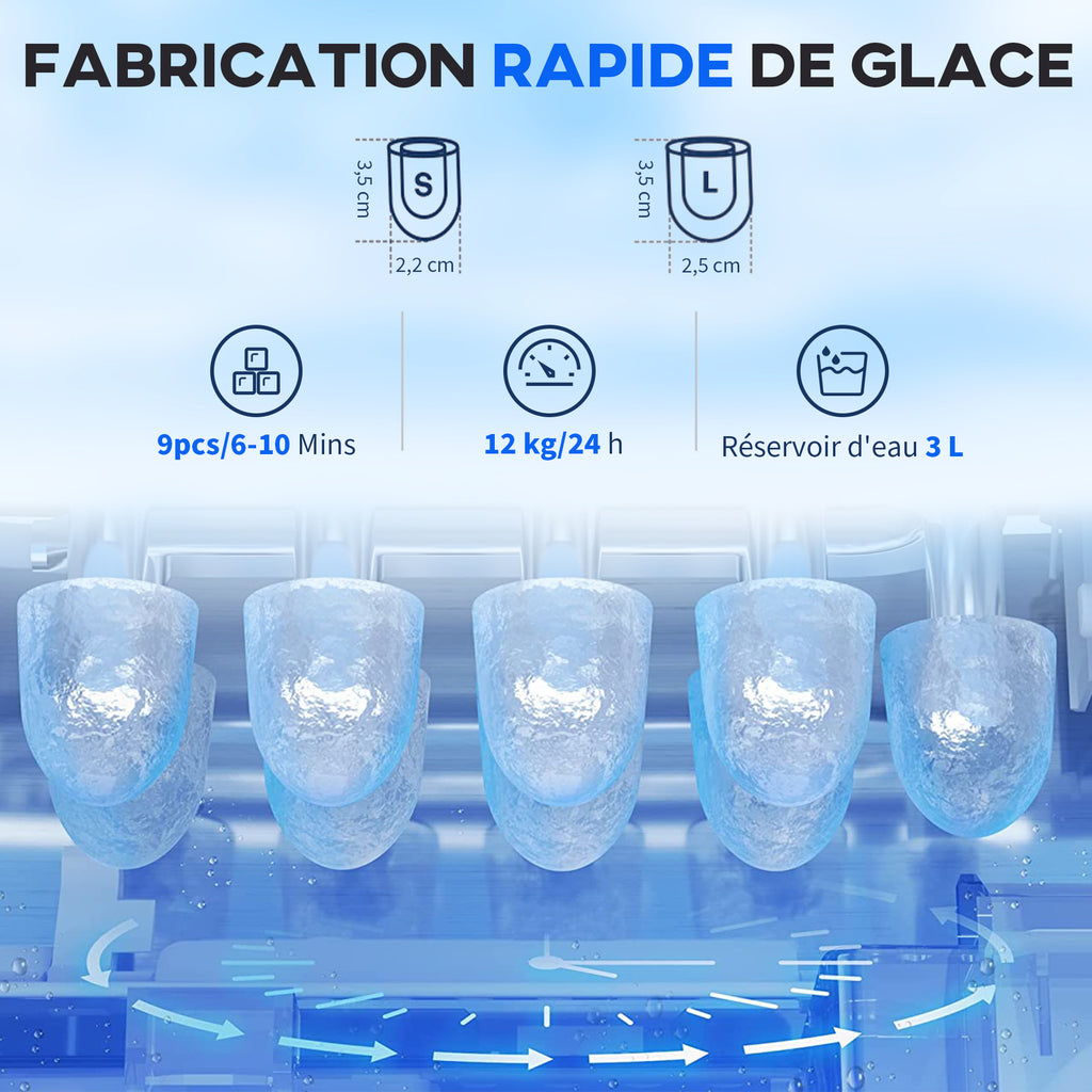 Machine à glaçons avec distributeur d'eau, ice maker, 12kg en 24h, 9 glaçons en 6-10 minutes, 25,2x38,9x36,3cm, noir-3