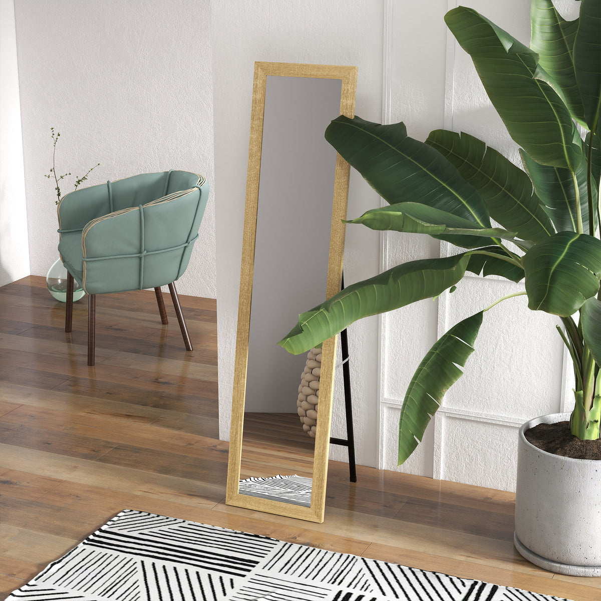 Miroir sur pied mural ou à poser rectangulaire avec cadre en bois pour salon chambre à coucher 37 x 155 cm marron clair-1