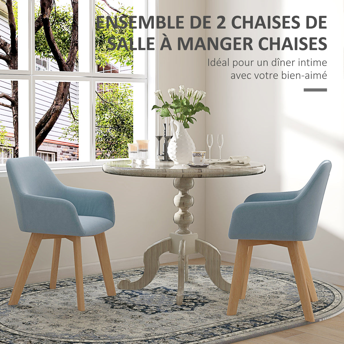 Lot de 2 chaises de salle à manger Fauteuil Assise rembourrée en tissu effet velours Pieds en bois, bleu-3