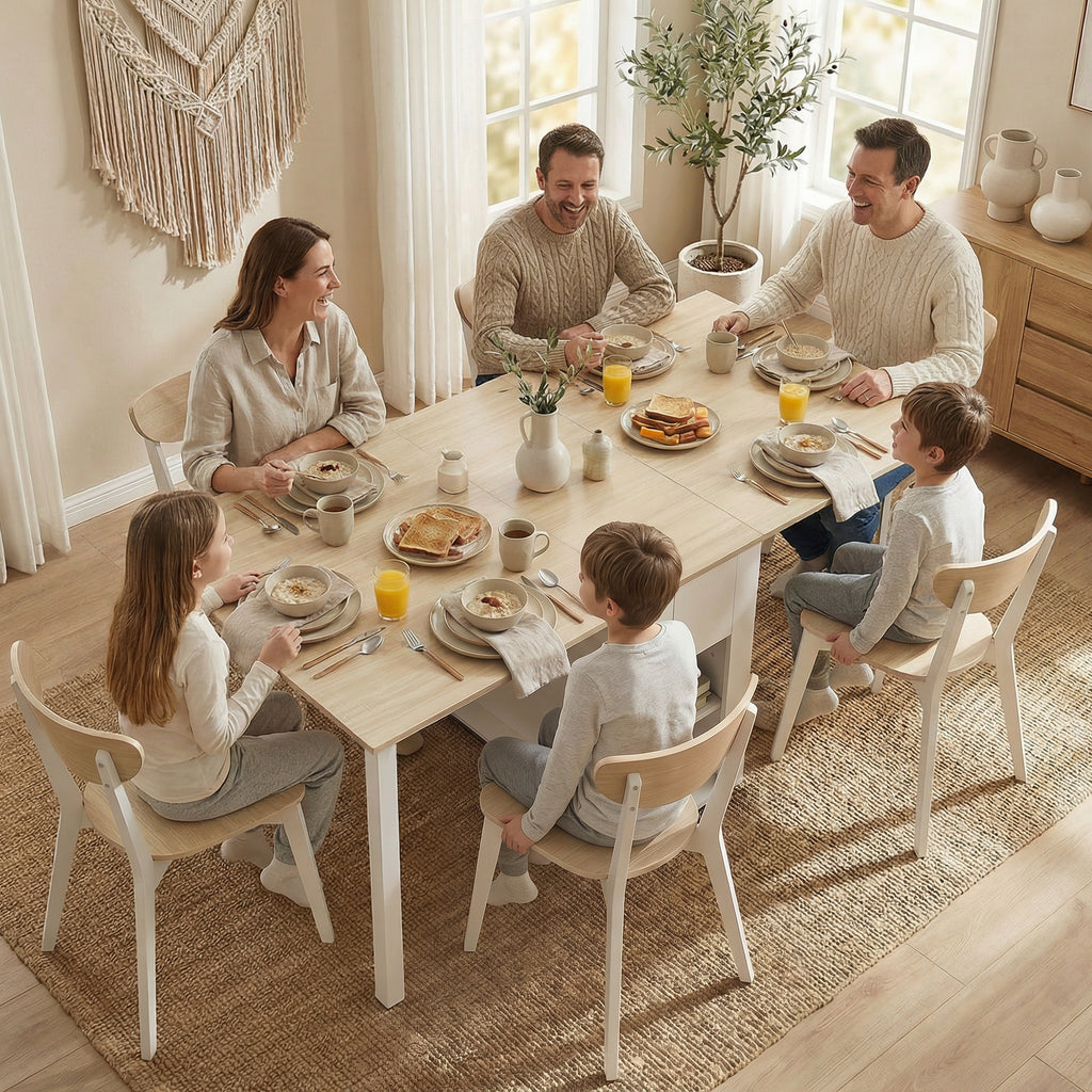 Table à manger pliante pour 6 personnes 39-168 cm, table de cuisine avec 2 tiroirs et 4 étagères ouvertes, blanc-7